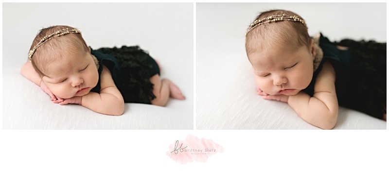 Calgary Newborn Photographer baby girl  head on hands gold bead headband