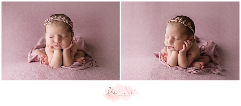 Calgary Newborn Photographer baby girl on purple froggy pose bow headband